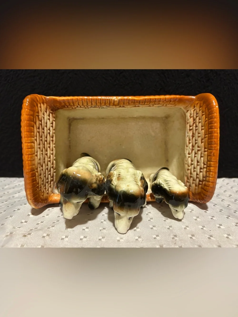 Vintage Napco Spaniel Dog Family Wicker Basket Planter